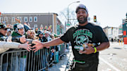Philadelphia Eagles offensive tackle Jordan Mailata celebrates during the Super Bowl LIX championship parade and rally.