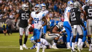 Aug 10, 2018; Oakland, CA, USA; Detroit Lions running back Ameer Abdullah (21) celebrates after scoring a touchdown during the second quarter against the Oakland Raiders at Oakland Coliseum. Mandatory Credit: Sergio Estrada-Imagn Images