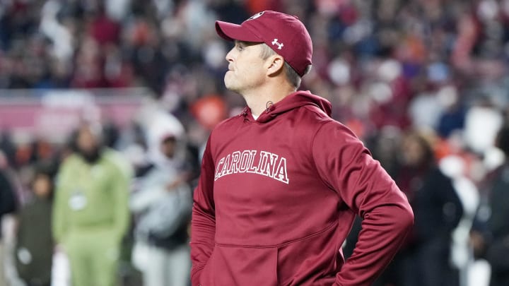 Nov 25, 2023; Columbia, South Carolina, USA; South Carolina Gamecocks head coach Shane Beamer on the field prior to a game against the Clemson Tigers at Williams-Brice Stadium. Mandatory Credit: David Yeazell-USA TODAY Sports