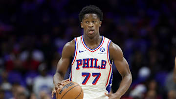 Oct 17, 2025; Philadelphia, Pennsylvania, USA; Philadelphia 76ers guard Vj Edgecombe (77) dribbles the ball against the Minnesota Timberwolves during the third quarter at Xfinity Mobile Arena. Mandatory Credit: Bill Streicher-Imagn Images