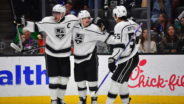 Nov 24, 2023; Anaheim, California, USA; Los Angeles Kings left wing Kevin Fiala (22) celebrates his