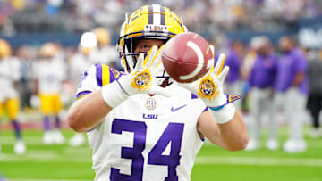 Sep 1, 2024; Paradise, Nevada, USA; LSU Tigers safety Skip Velotta (34) warms up before a game against the Southern California Trojans at Allegiant Stadium. Mandatory Credit: Stephen R. Sylvanie-USA TODAY Sports