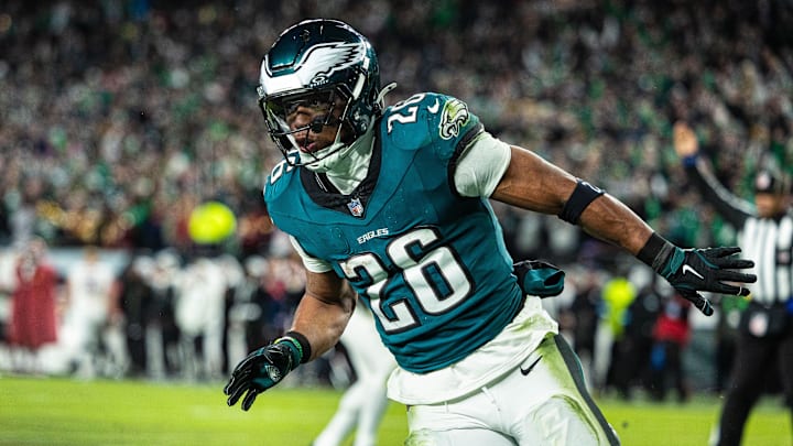 Nov 14, 2024; Philadelphia, Pennsylvania, USA; Philadelphia Eagles running back Saquon Barkley (26) reacts after his touchdown run against the Washington Commanders during the fourth quarter at Lincoln Financial Field. Mandatory Credit: Bill Streicher-Imagn Images Nov 14, 2024; Philadelphia, Pennsylvania, USA; Philadelphia Eagles running back Saquon Barkley (26) reacts after his touchdown run against the Washington Commanders during the fourth quarter at Lincoln Financial Field. Mandatory Credit: Bill Streicher-Imagn Images