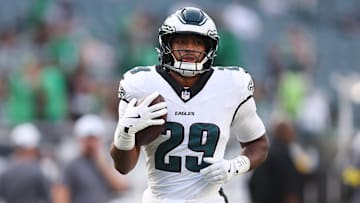 Aug 7, 2025; Philadelphia, Pennsylvania, USA; Philadelphia Eagles running back AJ Dillon (29) before action against the Cincinnati Bengals at Lincoln Financial Field. Mandatory Credit: Bill Streicher-Imagn Images