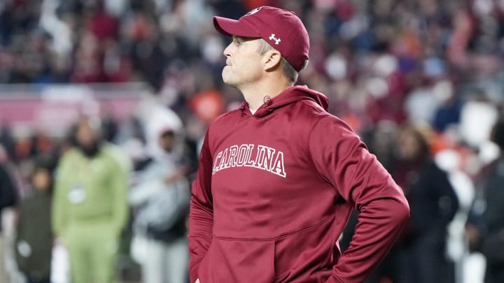 Nov 25, 2023; Columbia, South Carolina, USA; South Carolina Gamecocks head coach Shane Beamer on the field prior to a game against the Clemson Tigers at Williams-Brice Stadium. Mandatory Credit: David Yeazell-USA TODAY Sports