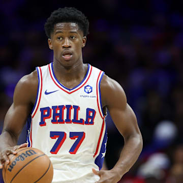 Oct 17, 2025; Philadelphia, Pennsylvania, USA; Philadelphia 76ers guard Vj Edgecombe (77) dribbles the ball against the Minnesota Timberwolves during the third quarter at Xfinity Mobile Arena. Mandatory Credit: Bill Streicher-Imagn Images