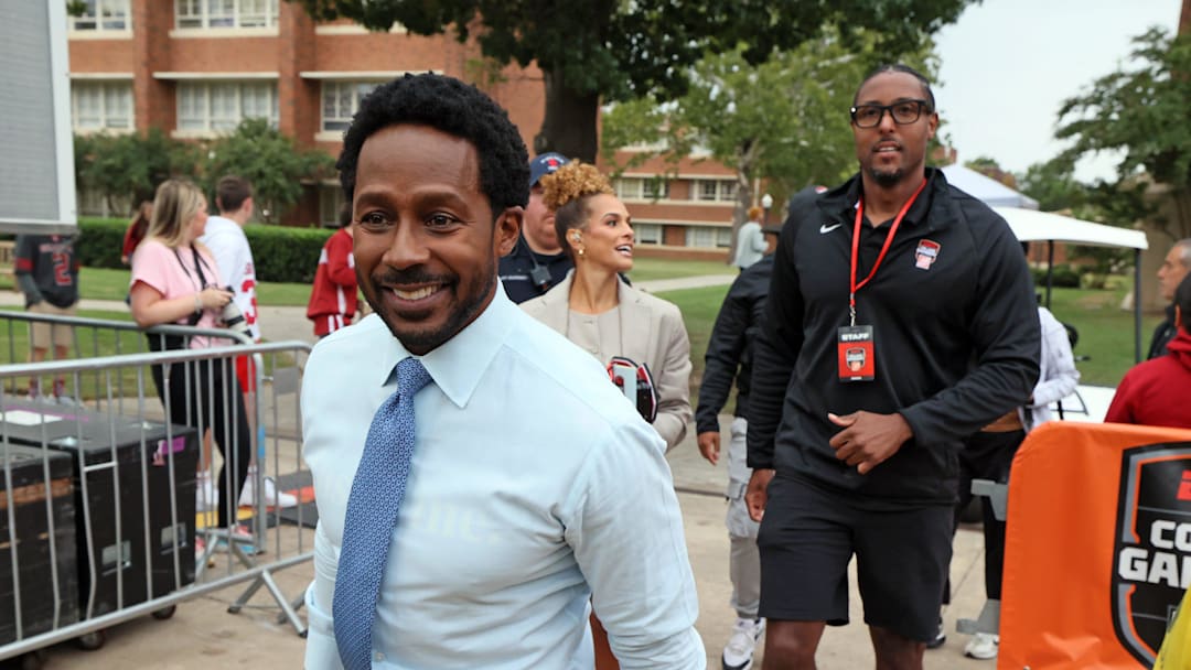 Host Desmond Howard arrives for ESPN College GameDay ahead of the University of Oklahoma-Michigan College football game on Sep 6, 2025 in Norman.