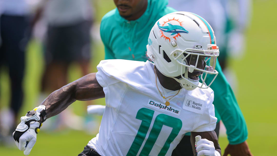 Jun 10, 2025; Miami, FL, USA; Miami Dolphins wide receiver Tyreek Hill (10) practices during mandatory minicamp at Hard Rock Stadium. Jun 10, 2025; Miami, FL, USA; Miami Dolphins wide receiver Tyreek Hill (10) practices during mandatory minicamp at Hard Rock Stadium.