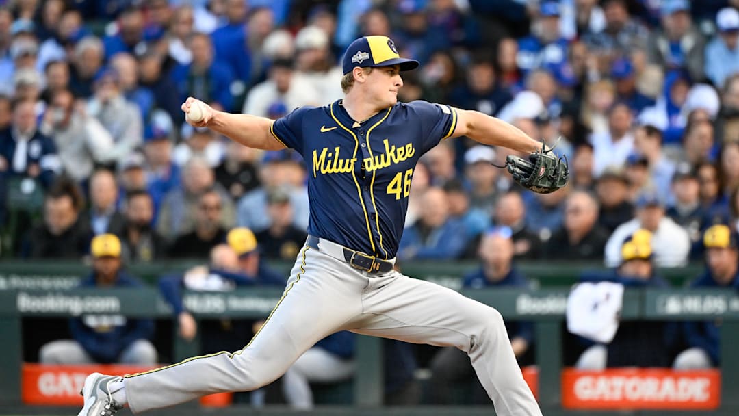 Oct 8, 2025; Chicago, Illinois, USA; Milwaukee Brewers pitcher Quinn Priester (46) throws a pitch against the Chicago Cubs in the first inning during game three of the NLDS round for the 2025 MLB playoffs at Wrigley Field. Mandatory Credit: Matt Marton-Imagn Images