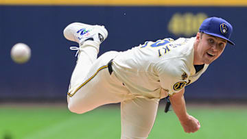 Jun 25, 2025; Milwaukee, Wisconsin, USA;  Milwaukee Brewers starting pitcher Jacob Misiorowski (32) throws a pitch in the fifth inning against the Pittsburgh Pirates at American Family Field. Mandatory Credit: Benny Sieu-Imagn Images