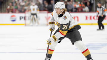 Apr 24, 2025; Saint Paul, Minnesota, USA; Vegas Golden Knights center William Karlsson (71) brings the puck into the Minnesota Wild zone in the third period in game three of the first round of the 2025 Stanley Cup Playoffs at Xcel Energy Center. Mandatory Credit: Matt Blewett-Imagn Images