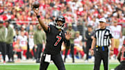 Nov 16, 2025; Glendale, Arizona, USA; Arizona Cardinals quarterback Jacoby Brissett (7) throws the ball in the first half against the San Francisco 49ers at State Farm Stadium. Mandatory Credit: Matt Kartozian-Imagn Images