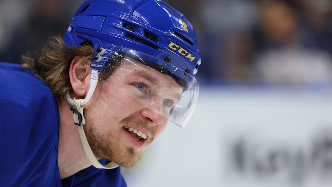 Mar 14, 2026; Buffalo, New York, USA;  Buffalo Sabres defenseman Bowen Byram (4) during a stoppage in play against the Toronto Maple Leafs at KeyBank Center. Mandatory Credit: Timothy T. Ludwig-Imagn Images