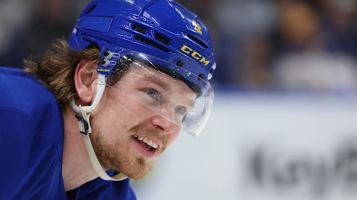 Mar 14, 2026; Buffalo, New York, USA;  Buffalo Sabres defenseman Bowen Byram (4) during a stoppage in play against the Toronto Maple Leafs at KeyBank Center. Mandatory Credit: Timothy T. Ludwig-Imagn Images