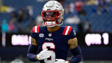 Sep 10, 2023; Foxborough, Massachusetts, USA; New England Patriots cornerback Christian Gonzalez (6) prepares for a game against the Philadelphia Eagles during the warm-up period at Gillette Stadium. Mandatory Credit: Eric Canha-USA TODAY Sports