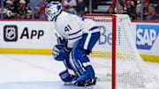 Apr 24, 2025; Ottawa, Ontario, CAN; Toronto Maple Leafs goalie Anthony Stolarz (41) looks up the ice in game three of the first round of the 2025 Stanley Cup Playoffs against the  Ottawa Senators at Canadian Tire Centre. Mandatory Credit: Marc DesRosiers-Imagn Images