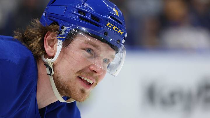 Mar 14, 2026; Buffalo, New York, USA;  Buffalo Sabres defenseman Bowen Byram (4) during a stoppage in play against the Toronto Maple Leafs at KeyBank Center. Mandatory Credit: Timothy T. Ludwig-Imagn Images
