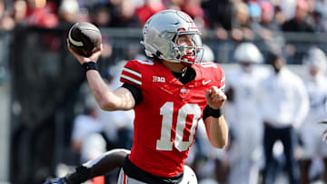 Nov 1, 2025; Columbus, Ohio, USA;  Ohio State Buckeyes quarterback Julian Sayin (10) throws the ball during the second quarter against the Penn State Nittany Lions at Ohio Stadium. Mandatory Credit: Joseph Maiorana-Imagn Images