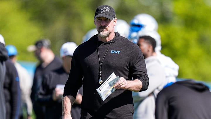 Detroit Lions head coach Dan Campbell watches practice during rookie mini camp at Meijer Performance Center in Allen Park on Friday, May 9, 2025.