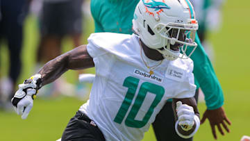 Jun 10, 2025; Miami, FL, USA; Miami Dolphins wide receiver Tyreek Hill (10) practices during mandatory minicamp at Hard Rock Stadium. Mandatory Credit: Sam Navarro-Imagn Images