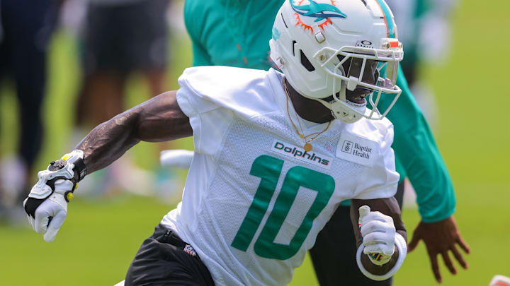 Jun 10, 2025; Miami, FL, USA; Miami Dolphins wide receiver Tyreek Hill (10) practices during mandatory minicamp at Hard Rock Stadium. Mandatory Credit: Sam Navarro-Imagn Images