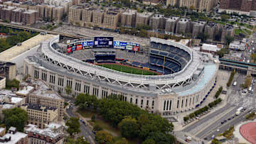 Oct 8, 2012; East Rutherford, NJ, USA; Aerial view of Yankee Stadium. 