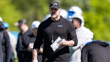 Detroit Lions head coach Dan Campbell watches practice during rookie mini camp at Meijer Performance Center in Allen Park on Friday, May 9, 2025.