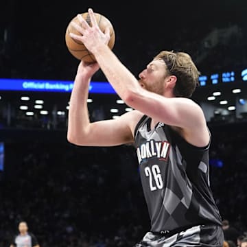 Apr 6, 2025; Brooklyn, New York, USA; Brooklyn Nets forward Drew Timme (26) shoots a three point jump shot against the Toronto Raptors during the second half at Barclays Center. Mandatory Credit: Gregory Fisher-Imagn Images