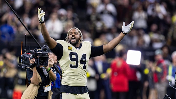 Dec 21, 2025; New Orleans, Louisiana, USA;  New Orleans Saints defensive end Cameron Jordan (94) during the run outs before the game against the New York Jets at Caesars Superdome. Mandatory Credit: Stephen Lew-Imagn Images