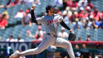 Jun 27, 2024; Anaheim, California, USA; Detroit Tigers pitcher Casey Mize (12) throws against the Los Angeles Angels during the first inning at Angel Stadium. Mandatory Credit: Gary A. Vasquez-USA TODAY Sports