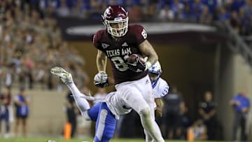 Oct 6, 2018; College Station, TX, USA; Texas A&M Aggies tight end Jace Sternberger (81) runs after a catch for a touchdown during the fourth quarter against the Kentucky Wildcats at Kyle Field. Mandatory Credit: John Glaser-Imagn Images