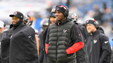 Jan 5, 2025; Nashville, Tennessee, USA;  Houston Texans head coach DeMeco Ryans watches from the sideline against the Tennessee Titans during the second half at Nissan Stadium. Mandatory Credit: Steve Roberts-Imagn Images