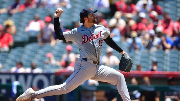 Jun 27, 2024; Anaheim, California, USA; Detroit Tigers pitcher Casey Mize (12) throws against the Los Angeles Angels during the first inning at Angel Stadium. Mandatory Credit: Gary A. Vasquez-USA TODAY Sports