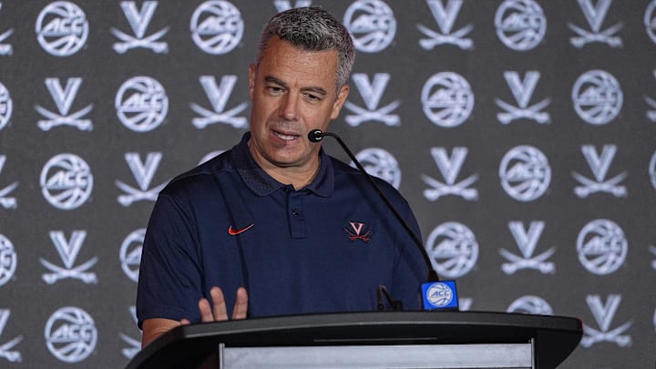 Oct 10, 2024; Charlotte, NC, USA;  Virginia head coach Tony Bennett answers questions from the media at The Hilton Charlotte Uptown. Mandatory Credit: Jim Dedmon-Imagn Images