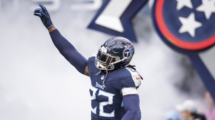 Jan 7, 2024; Nashville, Tennessee, USA;  Tennessee Titans running back Derrick Henry (22) takes the field during the first half at Nissan Stadium. Mandatory Credit: Steve Roberts-USA TODAY Sports