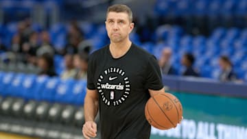 Jan 18, 2025; San Francisco, California, USA; Washington Wizards assistant coach Adam Caporn before the game between the Golden State Warriors and the Washington Wizards at Chase Center. Mandatory Credit: Robert Edwards-Imagn Images