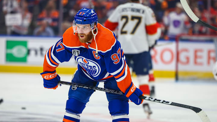 Jun 21, 2024; Edmonton, Alberta, CAN; Edmonton Oilers center Connor McDavid (97) during the warmup period against the Florida Panthers in game six of the 2024 Stanley Cup Final at Rogers Place. Mandatory Credit: Sergei Belski-Imagn Images
