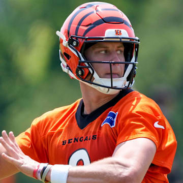 Cincinnati Bengals quarterback Joe Burrow throws a pass during practice.