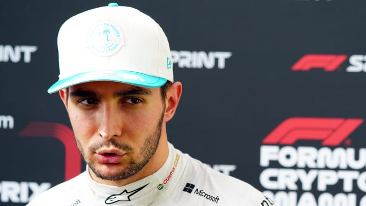 May 3, 2024; Miami Gardens, Florida, USA; Alpine driver Esteban Ocon (31) talks with the media after F1 Sprint Qualifying at Miami International Autodrome. Mandatory Credit: John David Mercer-USA TODAY Sports