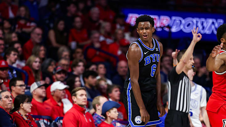 Feb 22, 2025; Tucson, Arizona, USA; BYU Cougars forward Kanon Catchings (6) celebrates after making a three-point basket during the second half against the Arizona Wildcats at McKale Center. Mandatory Credit: Aryanna Frank-Imagn Images