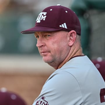 Jun 9, 2024; College Station, TX, USA; Texas A&M head coach Jim Schlossnagle looks on prior to the game against Oregon at Olsen Field, Blue Bell Park Mandatory Credit: Maria Lysaker-USA TODAY Sports