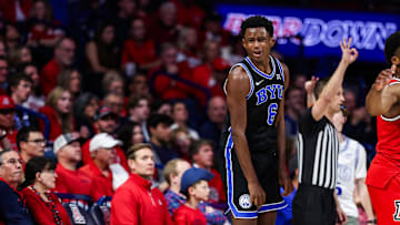 Feb 22, 2025; Tucson, Arizona, USA; BYU Cougars forward Kanon Catchings (6) celebrates after making a three-point basket during the second half against the Arizona Wildcats at McKale Center. Mandatory Credit: Aryanna Frank-Imagn Images
