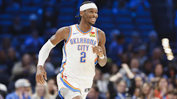 Oct 17, 2024; Oklahoma City, Oklahoma, USA; Oklahoma City Thunder guard Shai Gilgeous-Alexander (2) runs down the court after scoring against the Atlanta Hawks during the first quarter at Paycom Center. Mandatory Credit: Alonzo Adams-Imagn Images