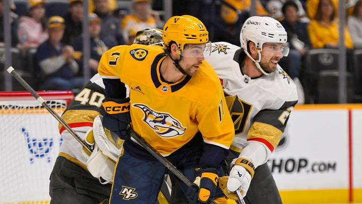 Mar 21, 2026; Nashville, Tennessee, USA; Nashville Predators center Tyson Jost (17) and Vegas Golden Knights center Brett Howden (21) fight for position during the first period at Bridgestone Arena. Mandatory Credit: Steve Roberts-Imagn Images Mar 21, 2026; Nashville, Tennessee, USA; Nashville Predators center Tyson Jost (17) and Vegas Golden Knights center Brett Howden (21) fight for position during the first period at Bridgestone Arena. Mandatory Credit: Steve Roberts-Imagn Images