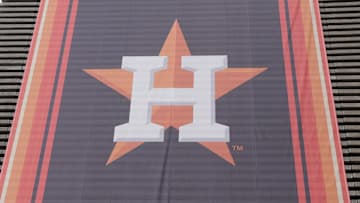 Apr 26, 2024; Mexico City, Mexico; A banner with the Houston Astros logo at Estadio Alfredo Harp Helu. 