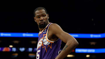 Apr 7, 2024; Phoenix, Arizona, USA;  Phoenix Suns forward Kevin Durant (35) reacts between plays against the New Orleans Pelicans in the second half at Footprint Center. Mandatory Credit: Allan Henry-Imagn Images