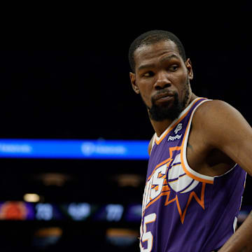 Apr 7, 2024; Phoenix, Arizona, USA;  Phoenix Suns forward Kevin Durant (35) reacts between plays against the New Orleans Pelicans in the second half at Footprint Center. Mandatory Credit: Allan Henry-Imagn Images