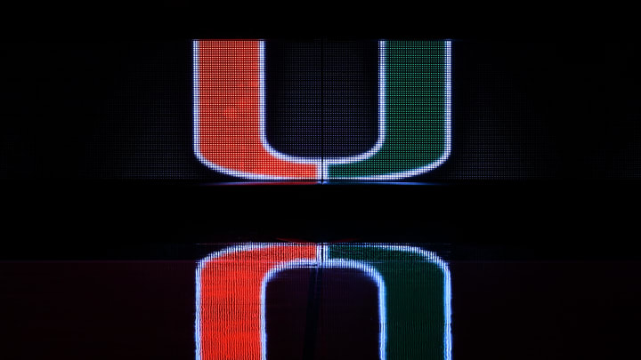 Dec 8, 2020; Coral Gables, Florida, USA; A general view of a reflection of the Miami Hurricanes school logo on the scorers table prior to the game between the Miami Hurricanes and the Purdue Boilermakers at Watsco Center. Mandatory Credit: Jasen Vinlove-USA TODAY Sports