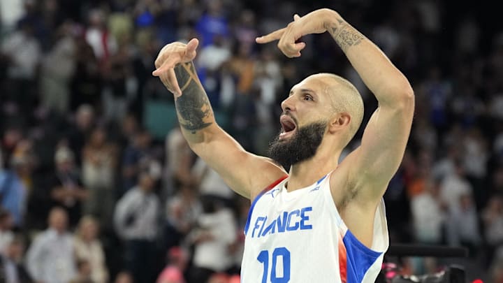 Aug 8, 2024; Paris, France; France shooting guard Evan Fournier (10) /celebrates after the game against Germany in a men's basketball semifinal game during the Paris 2024 Olympic Summer Games at Accor Arena. Mandatory Credit: Kyle Terada-Imagn Images