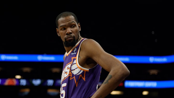 Apr 7, 2024; Phoenix, Arizona, USA;  Phoenix Suns forward Kevin Durant (35) reacts between plays against the New Orleans Pelicans in the second half at Footprint Center. Mandatory Credit: Allan Henry-USA TODAY Sports